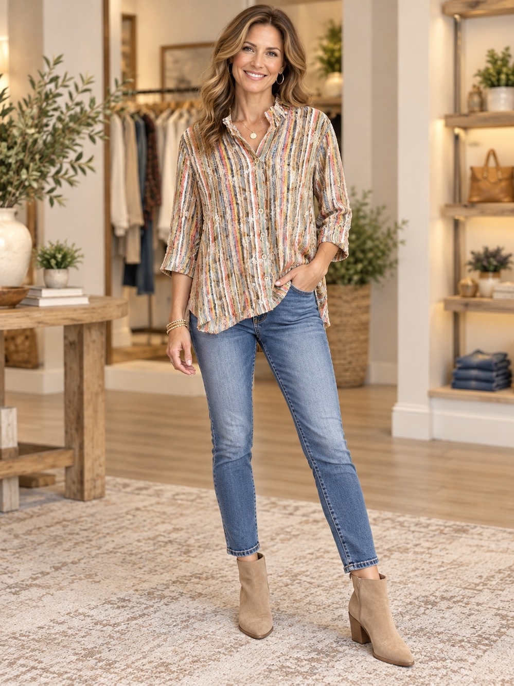 Multiples Crinkle Textured Striped Button Down Blouse Top XL Ruffle Collar